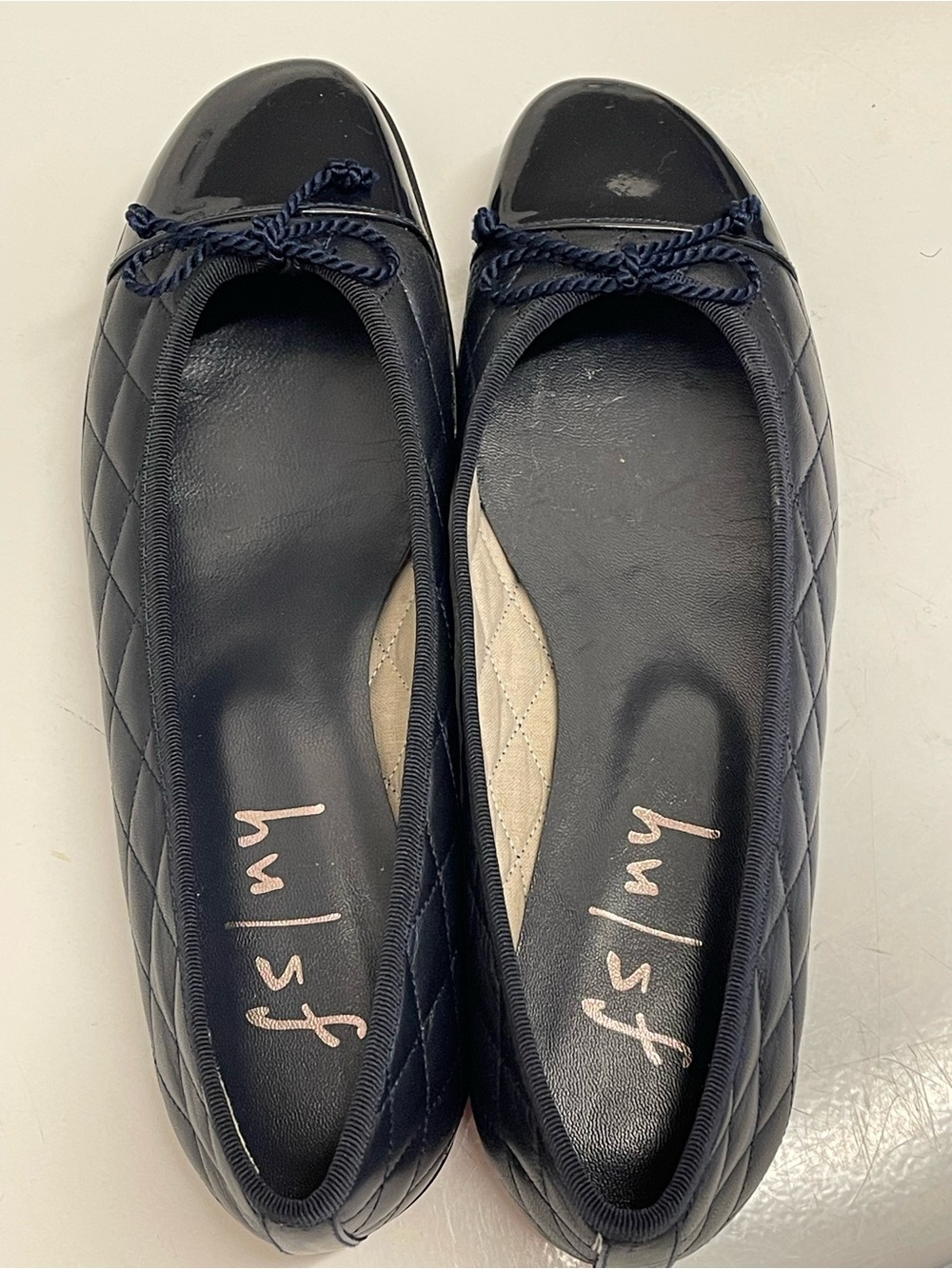 FS/NY French Sole Navy Quilted Leather Patent Cap Toe Ballet Flats 6